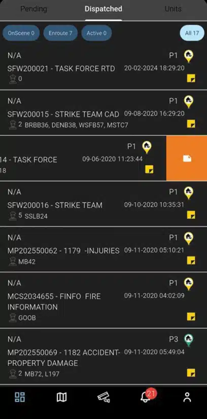 GeoShield Mobile App active calls for service list on officer smartphone