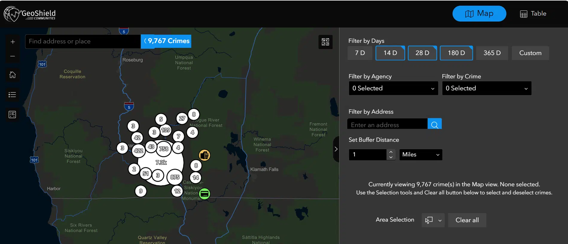 GeoShield Communities public crime map showing neighborhood incident data